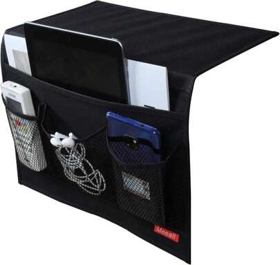 Meeall Bedside Caddy 4 Pockets Bedside Organizer Caddy Fit Tablet Magazine Phone Glasses, Under Mattress Remote Control Holder Storage Organizer, Black