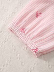 3pcs Women Bubble Crinkle Striped Bow Print Open Front Pajama Set - Baby Pink - View 5