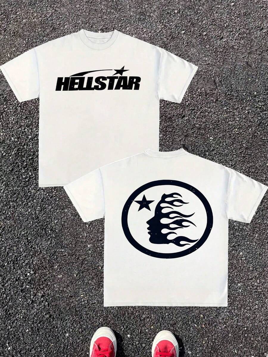 1pcs Men's 100% Cotton Star And Flame Silhouette T Shirt Streetwear Double Sided Graphic Men Clothes, Cosmic Fire Digital Printed T Shirt Gifts For Men - White - View 1