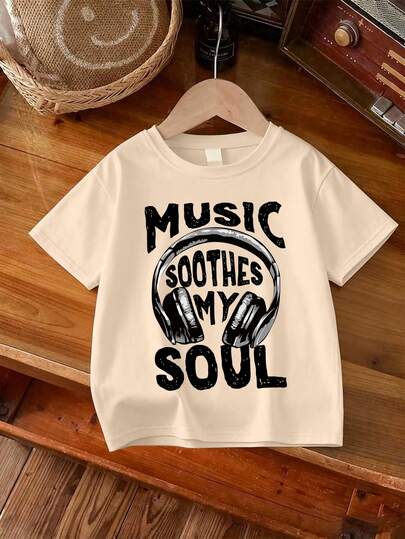 1pc Tween Girls' Loose Round Neck T-Shirt With "Music Soothes My Soul" Headphone Graphic Print, Soft & Comfortable Fabric, Suitable For Daily Play, Casual Outings And Spring/Summer Gatherings