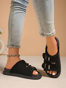 Beige Women's Platform Sandals, Summer Wedge Thick Bottom Patterned Random Lightweight Vacation Bohemian Style Elevated Outdoor Sandals - Black - View 3