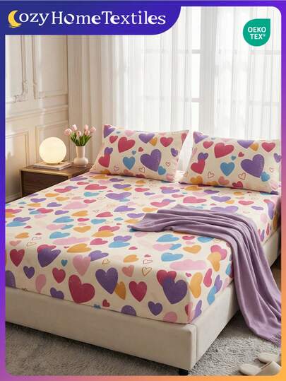 2/3pcs Valentine's Day Theme Fitted Sheet (Without Inner Core), Sweet Girly Bedroom Decor, Valentine's Day Heart Mattress Cover, Breathable Anti-Pilling Mattress Protector, Fits Full/Queen/King Size Bed, Machine Washable, Home Decor, Bedroom Decor, Valentine's Day, Multi-Color Heart Pattern, OEKO-TEX Certified