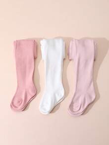 3 Pairs Baby Girls' Solid Color Leggings, Simple Style, Suitable For Spring And Autumn - Multicolor - View 6