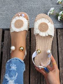 Nuevos sandalias de verano con diseño de diosa dulce, versátiles para la playa y vacaciones, con suela antideslizante y suave, con diseño de girasol - Beis - Ver 1