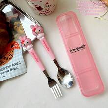 3pcs Stainless Steel Cutlery Set (Knife, Fork, Chopsticks) With Storage Box, Featuring Cute Kuromi, My Melody And Cinnamon Roll Designs By Sanrio Hello Kitty. Suitable For Family Dining, Picnics, School Supplies, Lunch Box Accessories, Office Supplies. Includes Chopsticks, Spoon And Fork. Perfect Gift (Official Licensed Product). Adorable Cartoon Stainless Steel Portable Cutlery Set, Suitable For Children, Students And Outdoor Travel.