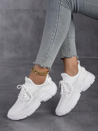 Women's Outdoor Breathable Running Shoes, White Mesh Lace-Up Flat Sports Sneakers