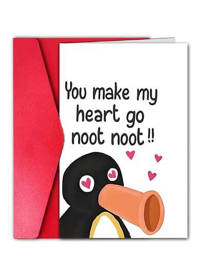 1pc "You Make My Heart Go Noot Noot !!" Penguin Love Card - Funny Valentine's & Anniversary Card For Wife Him, Adorable Cartoon Design With Envelope, Blank Inside
