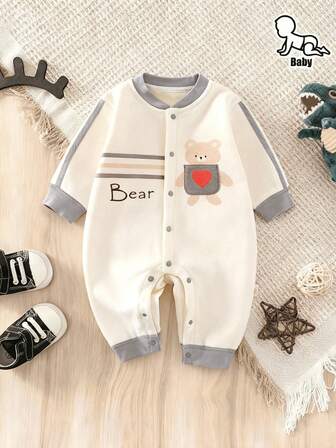 Baby Boy Front Button Jumpsuit, Pocket Bear & Minimalist Letter Print, Soft & Comfortable Seamless Design, Long Sleeve Thermal Lined Jumpsuit , Suitable For Spring, Autumn & Winter