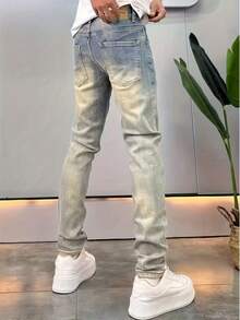 125 Autumn Winter Plus Size Men's Jeans, Heavy Duty Washed Natural Faded, Hand Rubbed Three-Dimensional Cat Whiskers Pattern, Retro Minimalist Style, Mid-Waist Design Elastic Slim Fit Small Straight Leg, Fabric Machine Washable, YKK Zipper Closure, Suitable For All Seasons, Business And Casual, Fashion Plus Size Men's Denim Pants - 泥黃色 - 查看 5