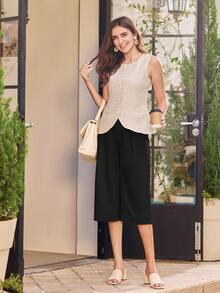 18" Women's Capri Pants With Pockets High Waisted Pleated Wide Leg Dressy Capris For Women Summer Business Casual - 黑色 - 查看 6