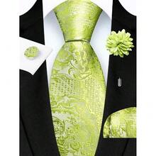 GUSLESON 8cm Paisley Tie Set For Men Necktie Lapel Pin Pocket Square Cufflinks Set For Men,LimeGreen - LimeGreen - View 3