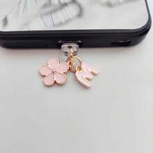 1pc 2-In-1 Pink Cherry Blossom+26 Letter Phone Charging Port Dust Plug, Exquisite, Fresh, Sweet, Cute And Fashionable Alloy Accessory Pendant, Smartphone Tablet Headphone Kindle Charging Port Decoration Accessory, Silicone Transparent Dust Plug, Suitable For Giving Small Gifts To People, Waterproof