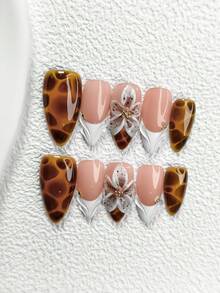 10 pièces Autocollants pour ongles d'automne/hiver, style français minimaliste, décoration de fleurs artificielles, options marron et blanc, 3 tailles : amande, carré, bec de canard, outils inclus (1 pièce autocollant en gelée + 1 pièce lime à ongles), convient aux femmes et aux filles, accessoires pour ongles d'automne/hiver, fête, port quotidien - Multicolore - Voir 15