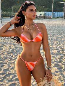 Conjunto de bikini halter con degradado rojo, traje de baño de playa y resort de moda y sexy