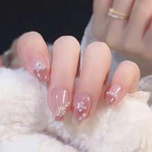 24pcs Handmade Press-On Nails, Elegant Pink Gradient With 3D Floral & Pearl Accents, Long Square Shape, Glossy Finish - Easy To Apply, Full Coverage Fake Nails For A Chic Look - 24件粉紅色 - 查看 3