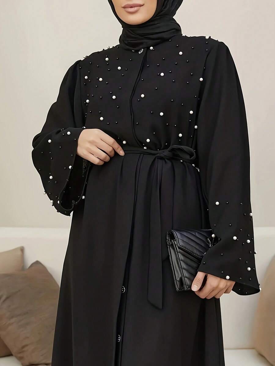 Elegant Beaded Abaya With Belt, Arabic Style Long Robe