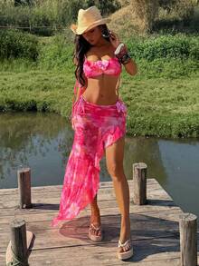 Bộ 3 món bikini nữ in hoa, có đệm mút, dây đeo điều chỉnh được, buộc phía sau, kiểu dáng thanh lịch và gợi cảm, thích hợp cho bãi biển và kỳ nghỉ hè quanh năm. - Màu Hồng Tươi - Xem 11