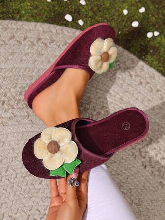 女士冬季新款花卉装饰毛绒拖鞋，防滑保暖轻便室内外舒适多功能家居拖鞋