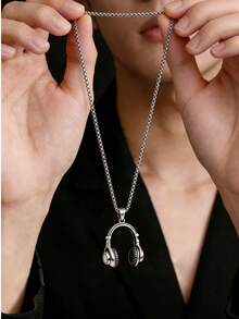 摇滚音乐耳机吊坠项链配饰，欧美流行男士钛钢长款毛衣，嘻哈风格 - 彩色 - 查看 1