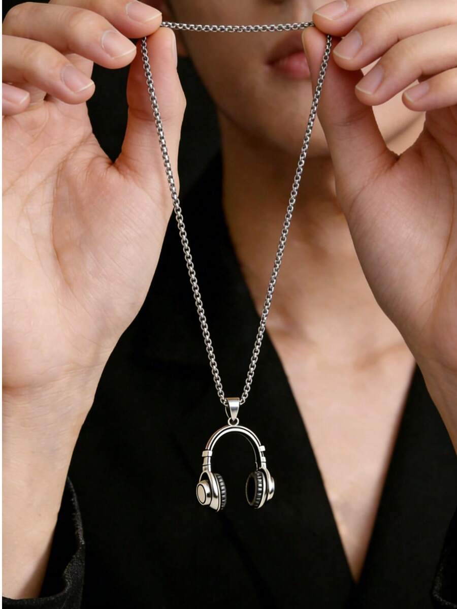 摇滚音乐耳机吊坠项链配饰，欧美流行男士钛钢长款毛衣，嘻哈风格 - 彩色 - 查看 1