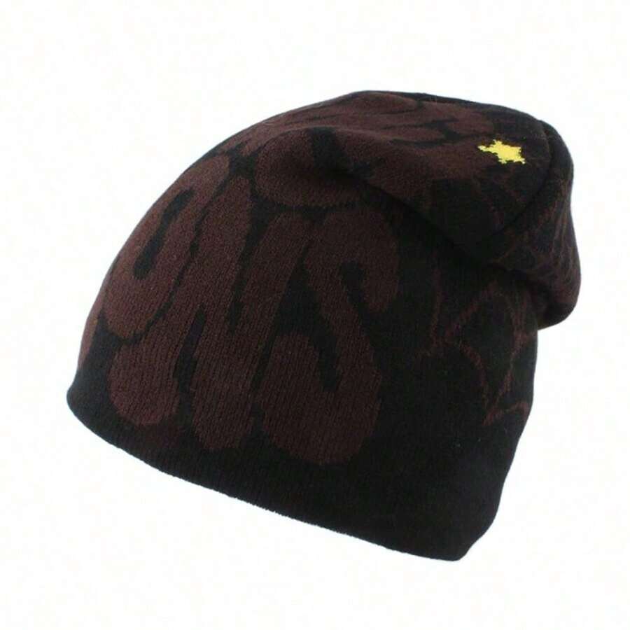 Fashionable Streetwear Hip Hop Cap, Knitted, Autumn/Winter, Women's, Letter Embroidery Design, Skullies Beanies - 咖啡棕 - 查看 1