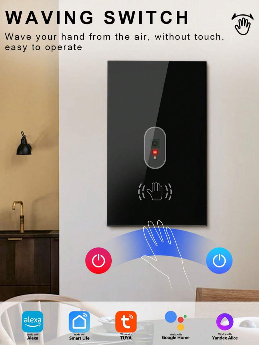 Interruptor de luz inteligente estándar de EE. UU. con WiFi, Bluetooth y control de onda - Sensor táctil sin infrarrojos, control remoto por voz y aplicación compatible con Alexa y Tuya, función de programación de horarios y agrupación, panel de vidrio templado para baño, cocina, hospital - 121 kWh - Ver 1