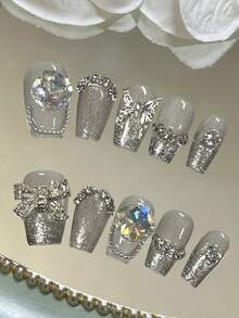 10片Y2K手工棺材形金属美甲贴片，优雅渐变水钻蝴蝶装饰，适合情人节、音乐节、派对、日常佩戴，可重复使用，附赠美甲胶水和指甲锉。 - 彩色 - 查看 1