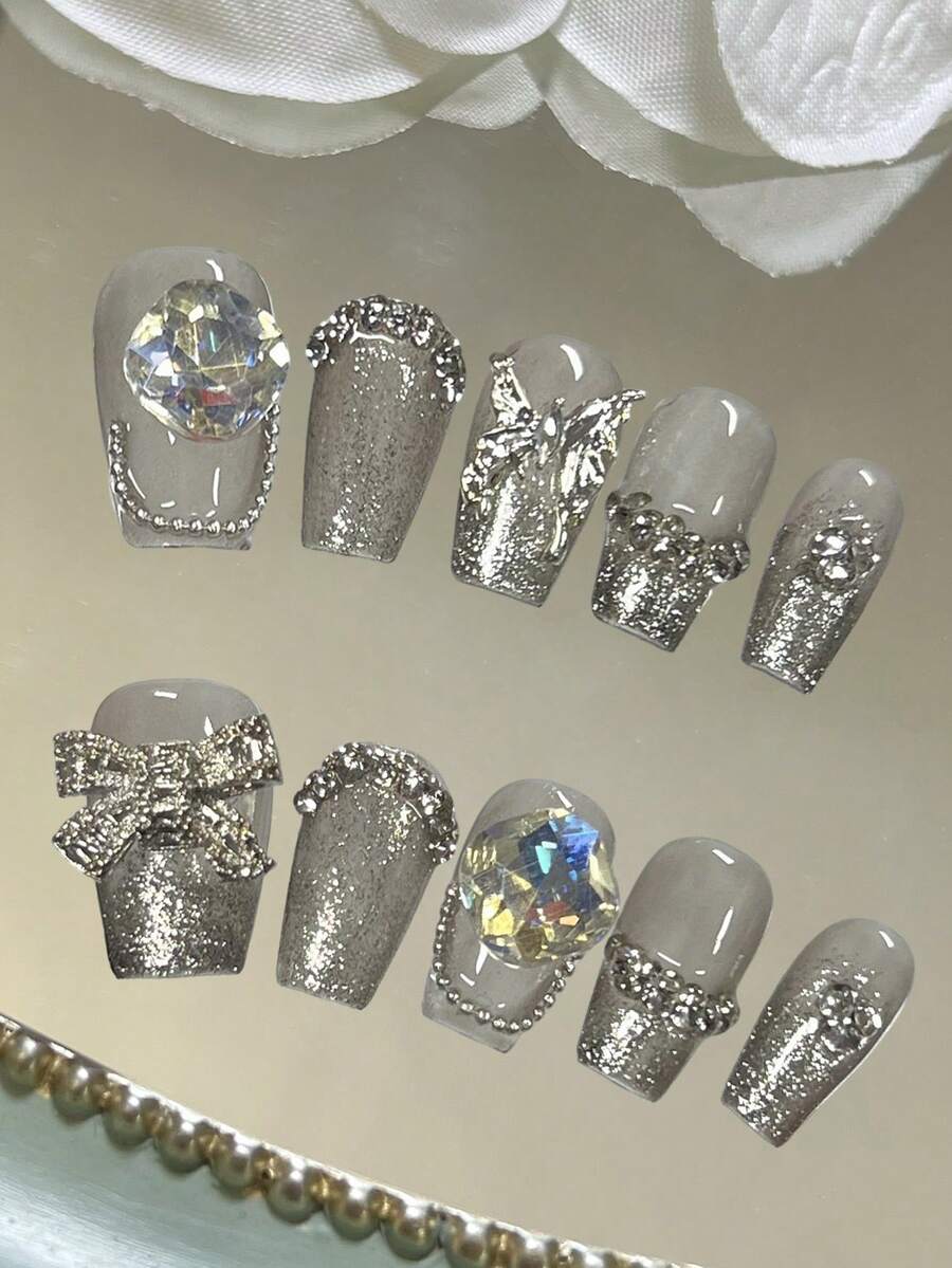 10片Y2K手工棺材形金属美甲贴片，优雅渐变水钻蝴蝶装饰，适合情人节、音乐节、派对、日常佩戴，可重复使用，附赠美甲胶水和指甲锉。 - 彩色 - 查看 1