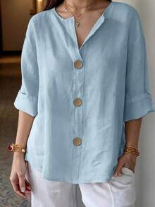 Plus Size Women's Solid Color Front Button Shirt Spring - Baby Blue - View 4