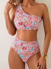 Spring/Summer Floral Print Ruched Bandeau Bikini Set, Sexy Two Pieces Swimwear For Women Vacation Beach - Pink - View 1