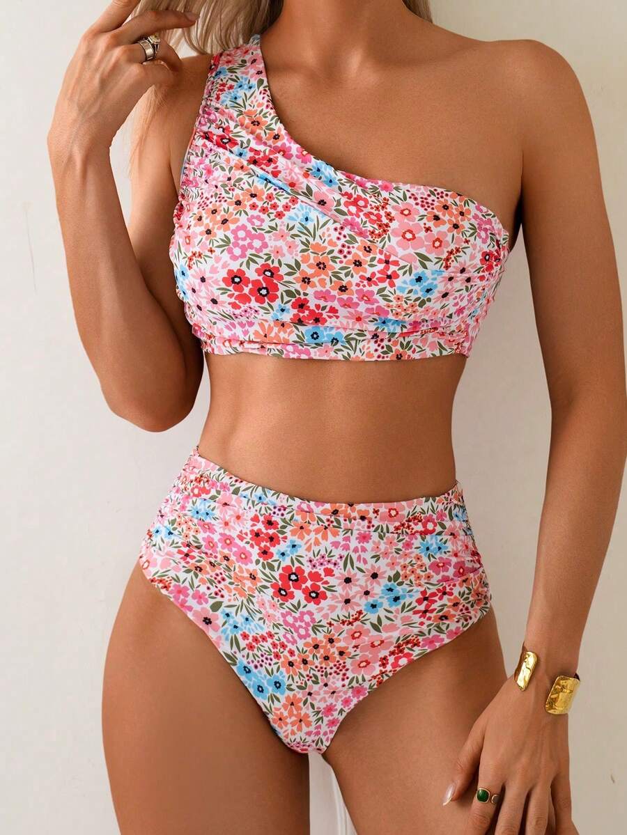 Spring/Summer Floral Print Ruched Bandeau Bikini Set, Sexy Two Pieces Swimwear For Women Vacation Beach - Pink - View 1