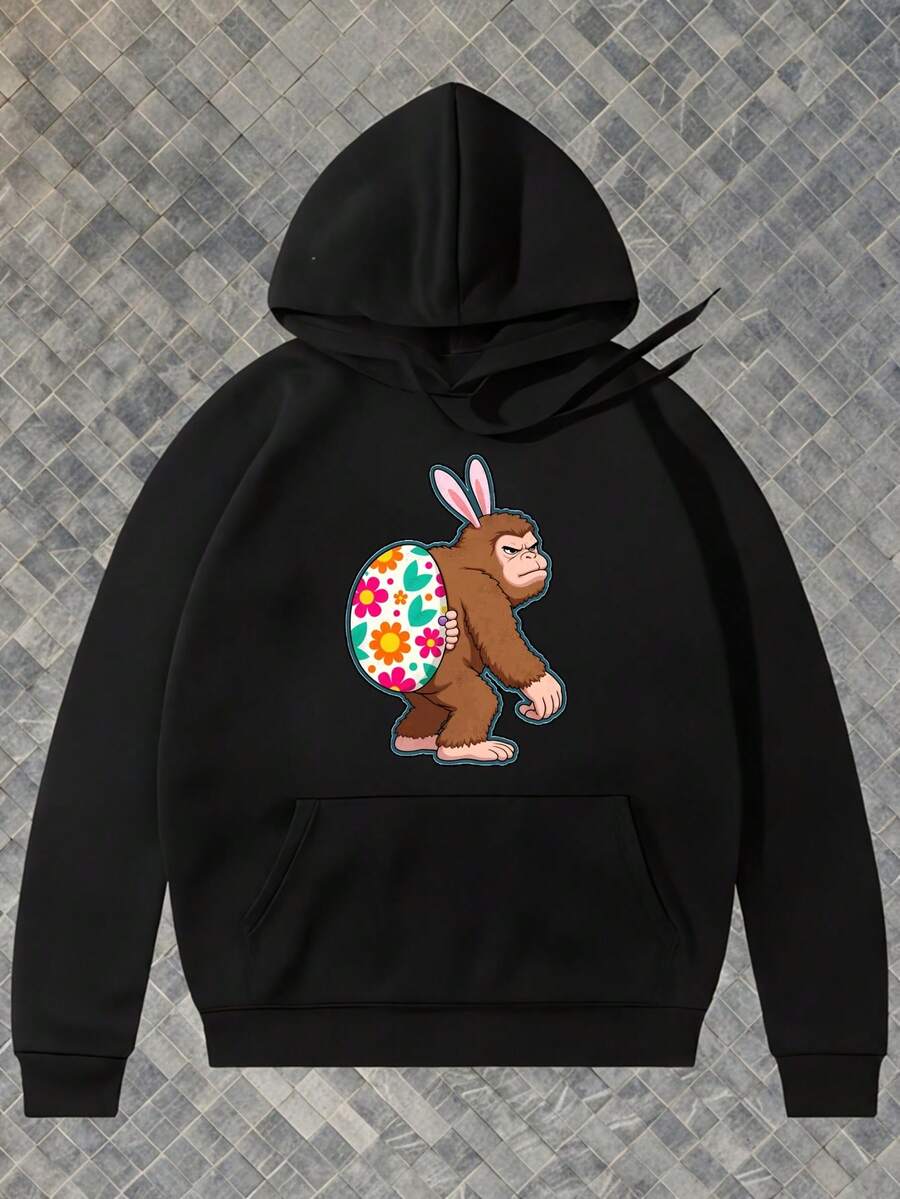 Men-S Black Hoodie With Gorilla And Bunny Ears Print - Loose Fit Casual Streetwear Sweatshirt, All-Season Comfort, Hooded Pullover With Pocket For Easter And Casual Attire, Monkey_945 - 黑色14 - 查看 1