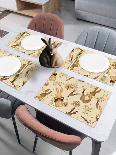 1/2/4/6/8pcs Happy Spring Easter Bunny Egg Bow Placemat, 30*45cm Easter Seasonal Plaid Pattern Dining Table Decor, Spring Holiday Placemats For Home Party, Kitchen