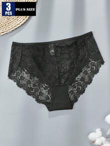 3 piezas Bragas elegantes de talla grande con parches de encaje de unicolor - Multicolor - Ver 3