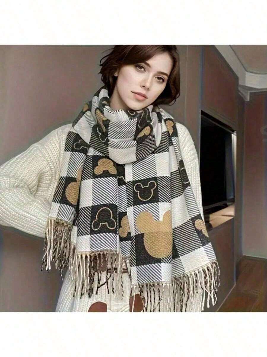 1pc Plaid Scarf For Women, High-Quality Shawl, 2025 New Style Warm Wrap, Birthday Gift, 1pc Imitation Cashmere Thick Printed Tassel Shawl Scarf, Fashion Winter Scarf - Multicolor - View 1