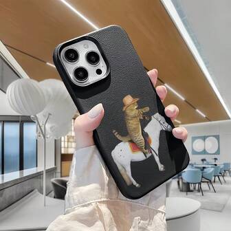 1 st svart texturerat linsskydd matt personligt roligt jeansskal med katt och ridande hästmönster, kompatibelt med 16 Pro Max, 17/16/15/14 Plus, 13/12/11, Air