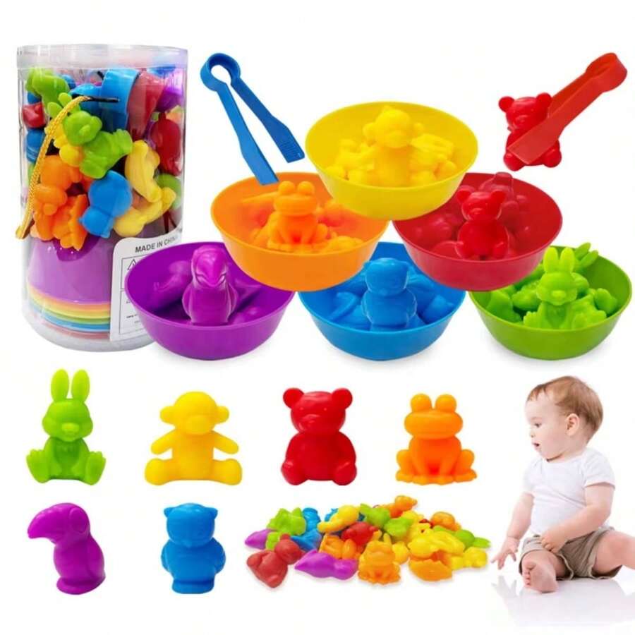 Color Sorting & Stacking Counting Toy Set With Bowl, Preschool Learning Activity, Montessori Sensory STEM Toys, Daycare Supplies, Gift For Toddlers Boys Girls, Random Color & Accessories - Multicolor - View 1