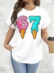 Cute Ice Cream Number 67 T Shirt White Pink And Blue Sprinkles Design For Birthday Party CelebrationLeisure Home Outdoor 220g Black And White Short Sleeve T-Shirt Holiday Party Gift - White - View 1