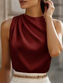 女士优雅褶皱肩部无袖修身正式上衣，女士商务休闲装，教师装，返校季，学生装，春夏款 - 酒紅色 - 查看 3