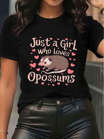 Cute Opossum Graphic Tee Women's "Just A Girl Who Loves Opossums" Heart Print Short Sleeve T Shirt Casual Daily Top