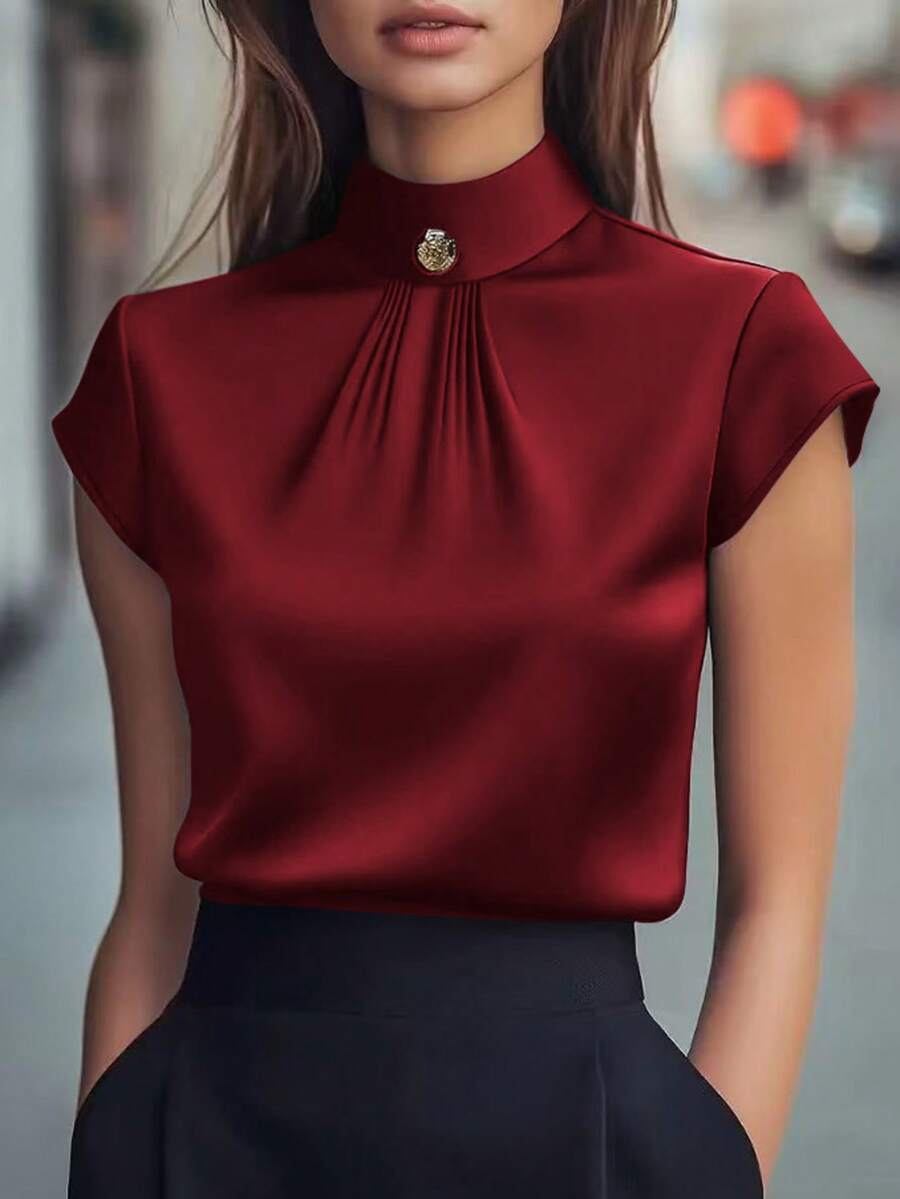 1件女士纯色缎面纽扣拉链优雅时尚短袖衬衫上衣，适合办公室、度假、居家、约会、春季、秋季、夏季穿着。 - 酒紅色 - 查看 1