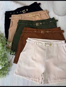 Women's Tailored Shorts With Belt And Pocket - 裸體 - 查看 2