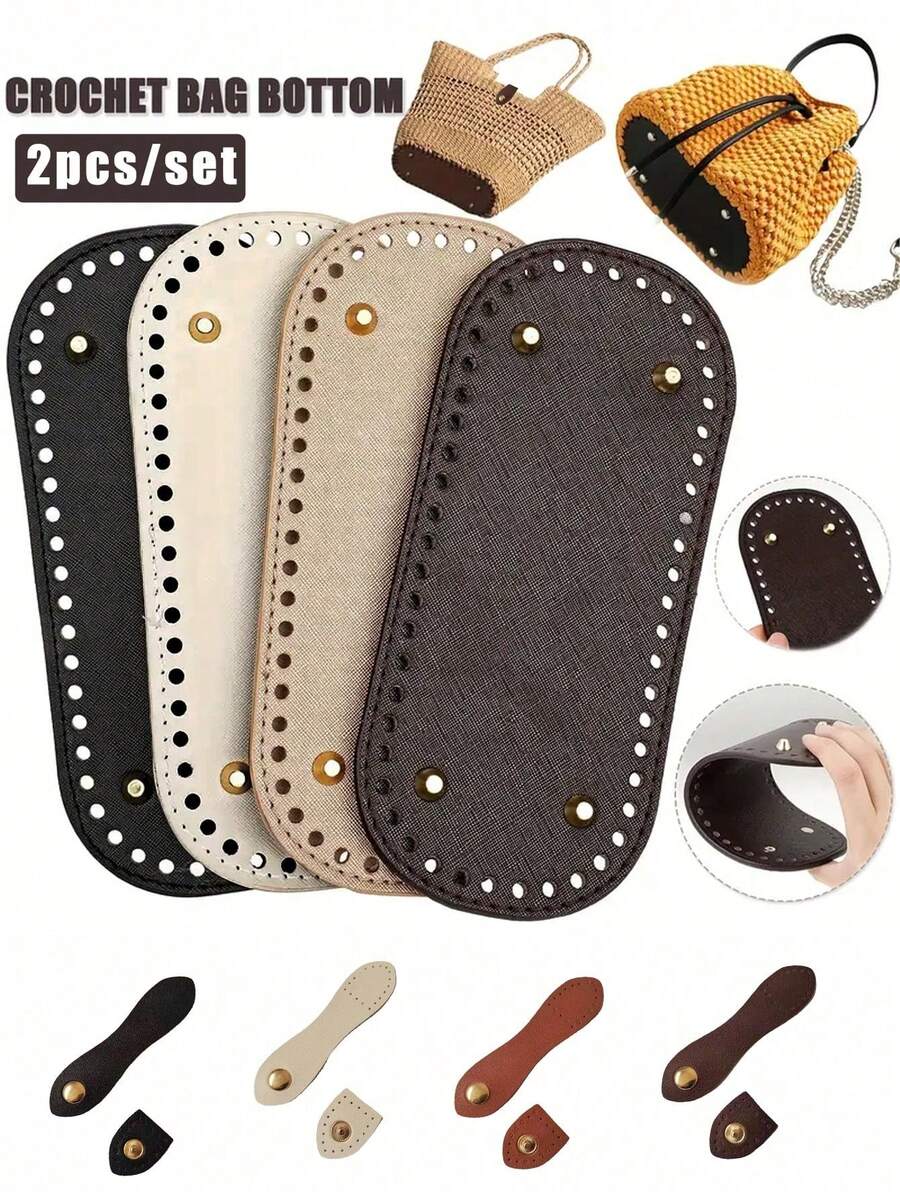 2件套钩编包底，带孔和皮扣，手工编织包底，长椭圆形，PU材质，DIY五金皮革配件，DIY手提包底垫，通用皮扣，适用于手工包袋和工艺品，葫芦形快扣，适用于DIY手提包和工艺品，是手工爱好者的理想礼物 - 彩色 - 查看 1