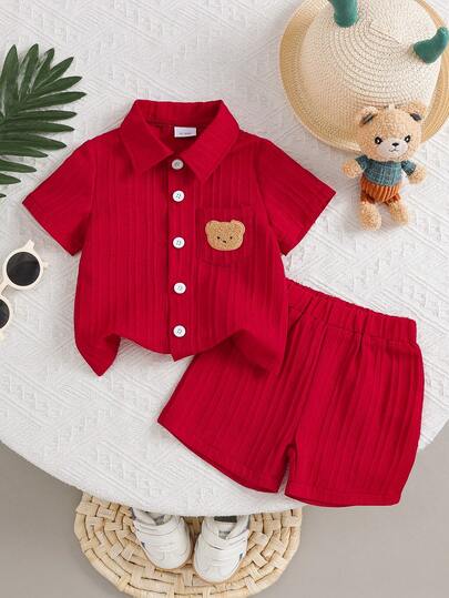 2pcs Baby Boy Floral Fabric Shirt With Pocket, Bear Embroidery Decor And Shorts, Street Fashion Children Set