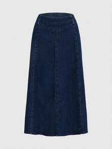 Navy Blue Elastic Denim Skirt, High Waist Slimming A-Line Flared Skirt - Navy Blue - View 8