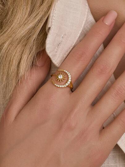 1 pieza Anillo de plata de ley 925 con luna y estrella, elegante y delicado, ajustable en tamaño, adecuado para que las mujeres y niñas lo usen en el día a día, fiestas o citas.