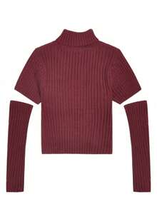 High Neck Pullover Sweater With Sleeve, Festive Vibe, Fitted Knit Top For Women - Burgundy - View 5