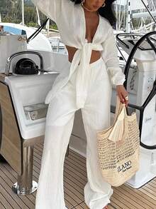 2pcs Elegant Casual Asymmetric/Asymmetrical Front Bow Tie Pants Set, Vacation Beach Spring/Summer - White - View 1