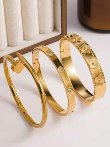 3pcs/1pc Fashion Flower & Clover Stainless Steel Bangle Bracelet Set, Golden, Elegant, Versatile, Suitable For Women, Girls, Daily Wear, Festivals, Weddings, Parties, Gifts For Wife, Daughter, Friend, Sister - Gold - View 1