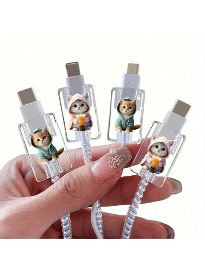 4 Adet Kedi Şeklinde Kablo Koruyucu, Apple iOS Telefon Şarj Kablosu Sabitleme Klipsi ile Uyumlu, Sevimli Kedi Şeklinde Kablo Koruyucu